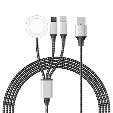 Cabo de carregamento entrançado 3 em 1 - Type-C, Lightning, Apple Watch - 1.2m