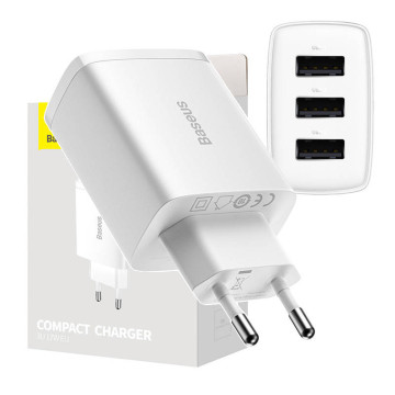 Carregador rápido compacto Baseus CCXJ020102, 3x USB, 17W - Branco