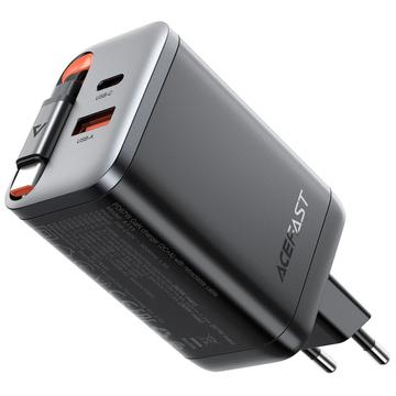 Carregador Acefast A111 67W GaN com cabo USB-C retrátil, portas USB-C e USB-A - Ficha UE