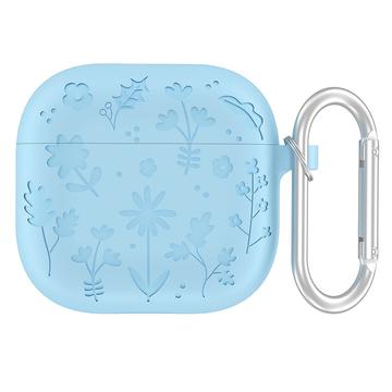 AirPods 4 Capa de silicone líquido com padrão de flores e mosquetão - Azul bebé