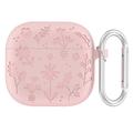 AirPods 4 Capa de silicone líquido com padrão de flores e mosquetão - Rosa claro