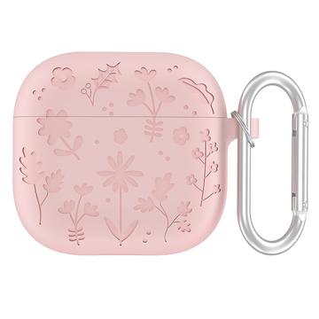 AirPods 4 Capa de silicone líquido com padrão de flores e mosquetão - Rosa claro