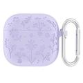 AirPods 4 Capa de silicone líquido com padrão de flores e mosquetão - Roxo claro