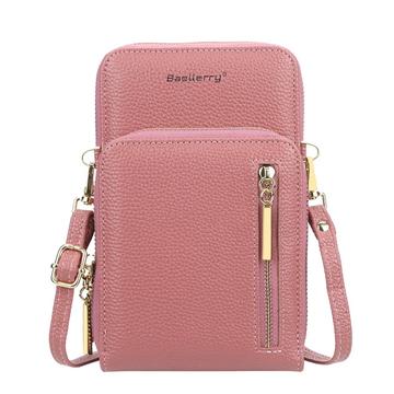 BAELLERRY N0110 Carteira com fecho de correr de camada dupla para mulher Bolsa para telemóvel em pele PU com alça de ombro - Cor-de-Rosa Escuro