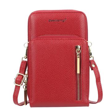 BAELLERRY N0110 Carteira com fecho de correr de dupla camada para mulher Bolsa para telemóvel em pele PU com alça de ombro - Vermelho