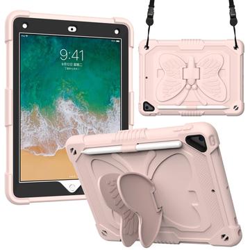 Capa para tablet em forma de borboleta com suporte para PC + silicone e alça para iPad de 9,7 polegadas (2018)/(2017)/iPad Air 2 - Rosa