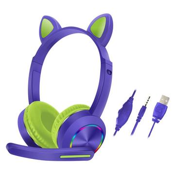 Cat Ears AKZ-020 Auscultadores com fios para crianças / Auscultadores para jogos com microfone - Roxo