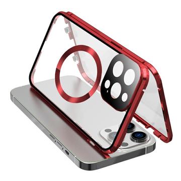 Compatível com a capa MagSafe para iPhone 15 Pro com estrutura metálica magnética + capa para telemóvel em vidro temperado de dupla face com fecho de fivela - Vermelho