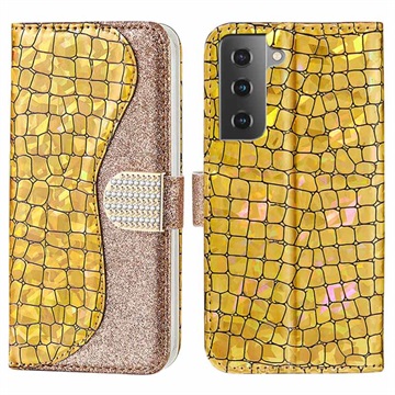 Bolsa Tipo Carteira Croco Bling para Samsung Galaxy S21 FE 5G - Dourado