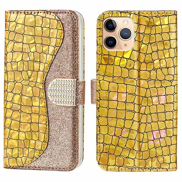 Capa Croco Bling Tipo Carteira para iPhone 13 Pro - Dourado