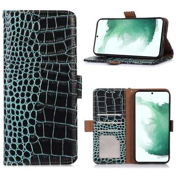 Bolsa de Pele Tipo Carteira Crocodile com RFID para iPhone 14 - Preto