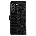 Bolsa de Pele Tipo Carteira Crocodile com RFID para Samsung Galaxy S21 FE 5G - Preto