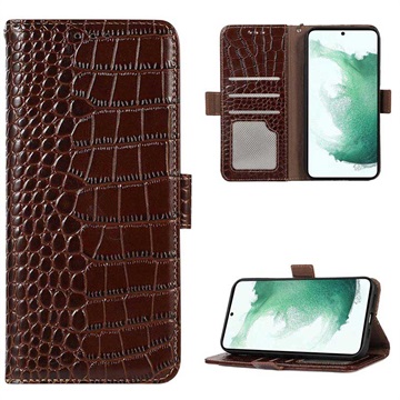 Bolsa de Pele Tipo Carteira Crocodile com RFID para Samsung Galaxy S21 FE 5G - Castanho