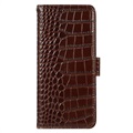 Bolsa de Pele Tipo Carteira Crocodile com RFID para Samsung Galaxy S21 FE 5G - Castanho