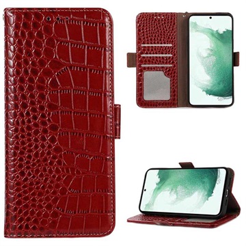 Bolsa de Pele Tipo Carteira Crocodile com RFID para Samsung Galaxy S21 FE 5G - Vermelho