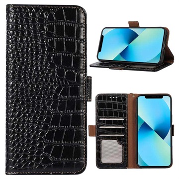 Bolsa de Pele Tipo Carteira Crocodile com RFID para iPhone 14 - Preto