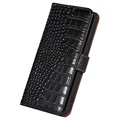 Bolsa de Pele Tipo Carteira Crocodile com RFID para iPhone 14 - Preto