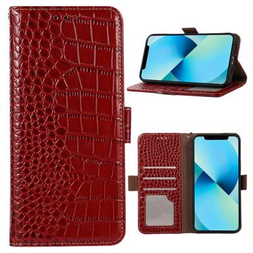 Bolsa de Pele Tipo Carteira Crocodile com RFID para iPhone 14 - Vermelho