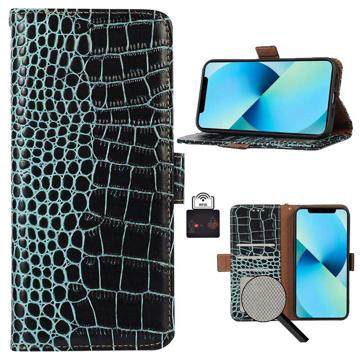 Bolsa de Pele Tipo Carteira Crocodile com RFID para iPhone 14 - Preto