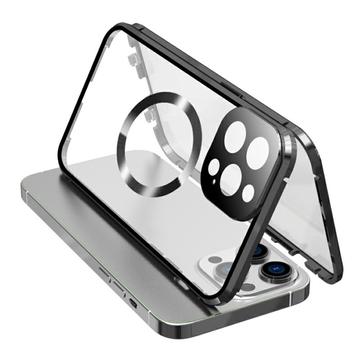 Vidro temperado de dupla face + estrutura metálica magnética Capa anti-queda para iPhone 15 Compatível com a capa MagSafe para telemóvel com fecho de fivela - Preto