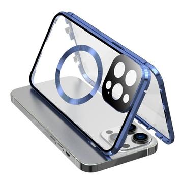 Vidro temperado de dupla face + estrutura metálica magnética Capa anti-queda para iPhone 15 Compatível com MagSafe Capa para telemóvel com fecho de fivela - Azul escuro