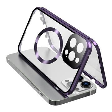 Vidro temperado de dupla face + estrutura metálica magnética Capa anti-queda para iPhone 15 Compatível com MagSafe Capa para telemóvel com fecho de fivela - Roxo