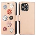 Bolsa Tipo Carteira Flower Decor Series para iPhone 14 Pro - Bege