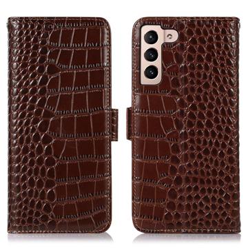 Bolsa de Pele Tipo Carteira Crocodile com RFID para Samsung Galaxy S23 5G - Castanho