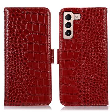 Bolsa de Pele Tipo Carteira Crocodile com RFID para Samsung Galaxy S23 5G - Vermelho