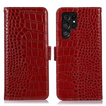 Bolsa de Pele Tipo Carteira Crocodile com RFID para Samsung Galaxy S23 Ultra 5G - Vermelho