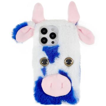 Capa Híbrida Fluffy Plush para iPhone 14 Pro - Vaca Azul