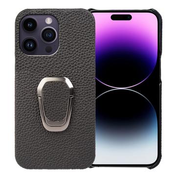 Capa Revestida a Couro com Anilha para iPhone 14 Pro Max - Preto