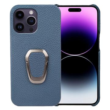 Capa Revestida a Couro com Anilha para iPhone 14 Pro Max - Azul