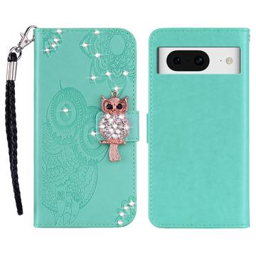 Google Pixel 8 Capa para carteira com strass de coruja - Ciano