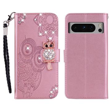 Capa de carteira com strass de coruja para Google Pixel 8 Pro - Cor-de-Rosa Dourado