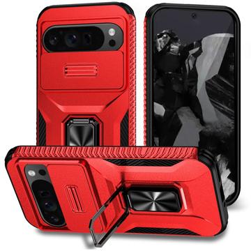 Capa Híbrida de Anel Rotativo com Proteção de Câmera para Google Pixel 9 Pro XL - Vermelho