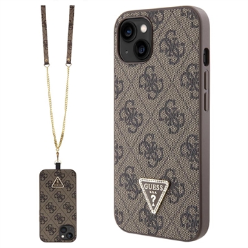 Capa com Alça Crossbody Guess 4G Strass Triangle Metal Logo para iPhone 15 - Castanho