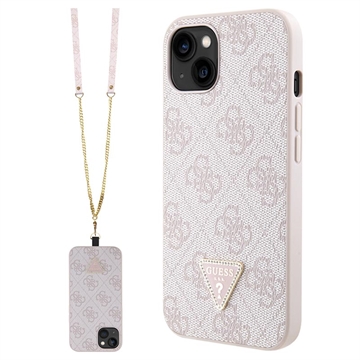 Capa com Alça Crossbody Guess 4G Strass Triangle Metal Logo para iPhone 15 - Cor-de-Rosa