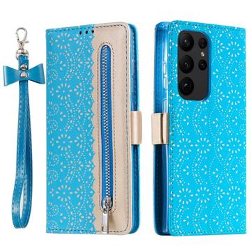 Bolsa tipo Carteira Lace Pattern para Samsung Galaxy S23 Ultra 5G - Azul