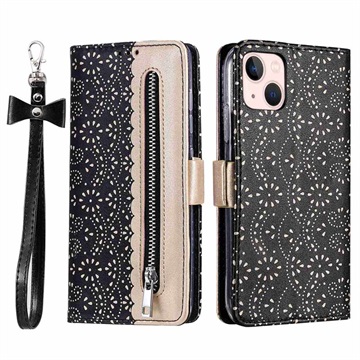 Bolsa tipo Carteira Lace Pattern para iPhone 14 - Preto