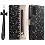 Bolsa tipo Carteira Lace Pattern para iPhone 16 - Preto