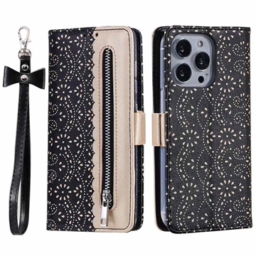 Bolsa tipo Carteira Lace Pattern para iPhone 16 Pro Max - Preto