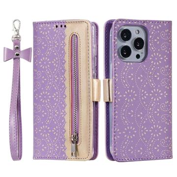 Bolsa tipo Carteira Lace Pattern para iPhone 14 Pro Max - Roxo