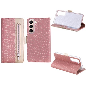 Bolsa tipo Carteira Lace Pattern para Samsung Galaxy S22 5G - Cor-de-Rosa