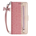 Bolsa tipo Carteira Lace Pattern para Samsung Galaxy S22 5G - Cor-de-Rosa