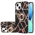 Capa de TPU Marble Pattern IMD para iPhone 15 com Suporte de Anel - Preto