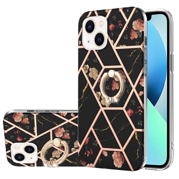 Capa de TPU Marble Pattern IMD para iPhone 15 com Suporte de Anel - Preto