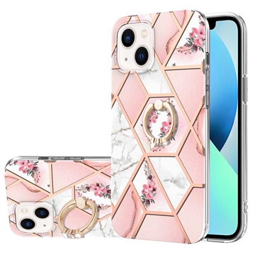 Capa de TPU Marble Pattern IMD para iPhone 15 Plus com Suporte de Anel - Cor-de-Rosa / Branco