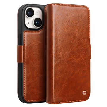 Capa de Pele Tipo Carteira Qialino Classic para iPhone 15 - Castanho Claro