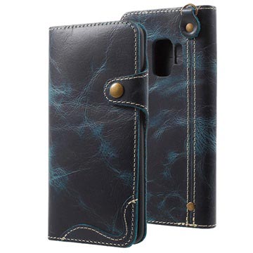 Capa Tipo Carteira Retro de Pele para Samsung Galaxy S9 - Azul